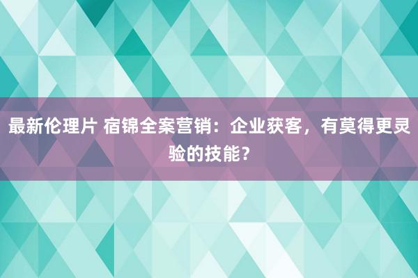 最新伦理片 宿锦全案营销：企业获客，有莫得更灵验的技能？